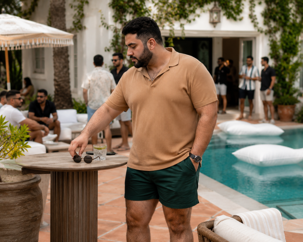 Camel Polo With Deep Green Swim Shorts