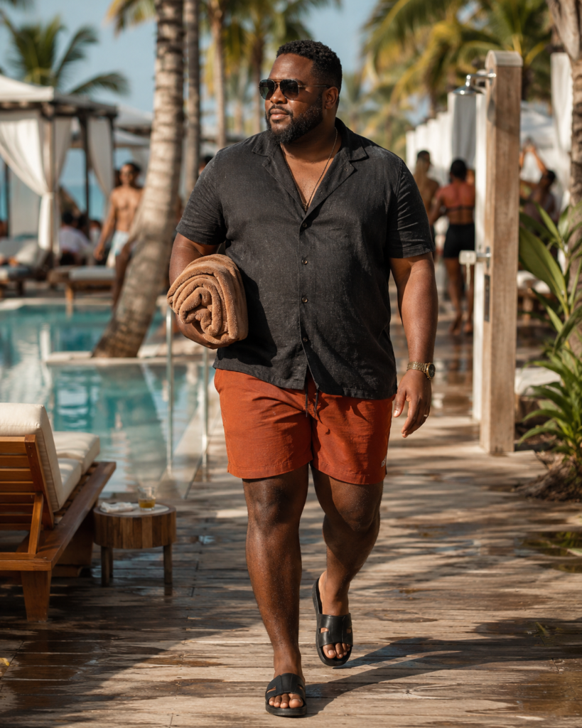 Charcoal Open-Collar Shirt With Rust Swim Trunks