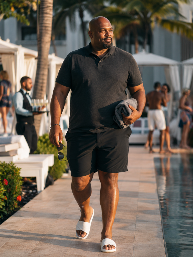 Charcoal Polo With Black Tailored Swim Shorts