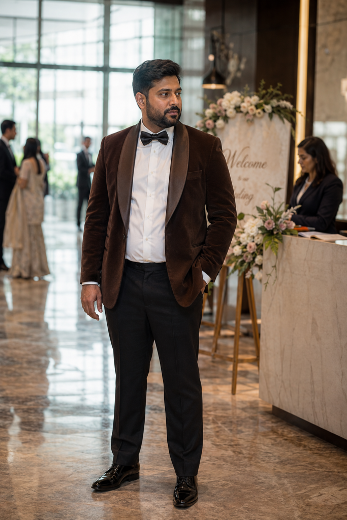 Chocolate Brown Shawl-Collar Dinner Jacket With Black Trousers plus size men tuxedo wedding