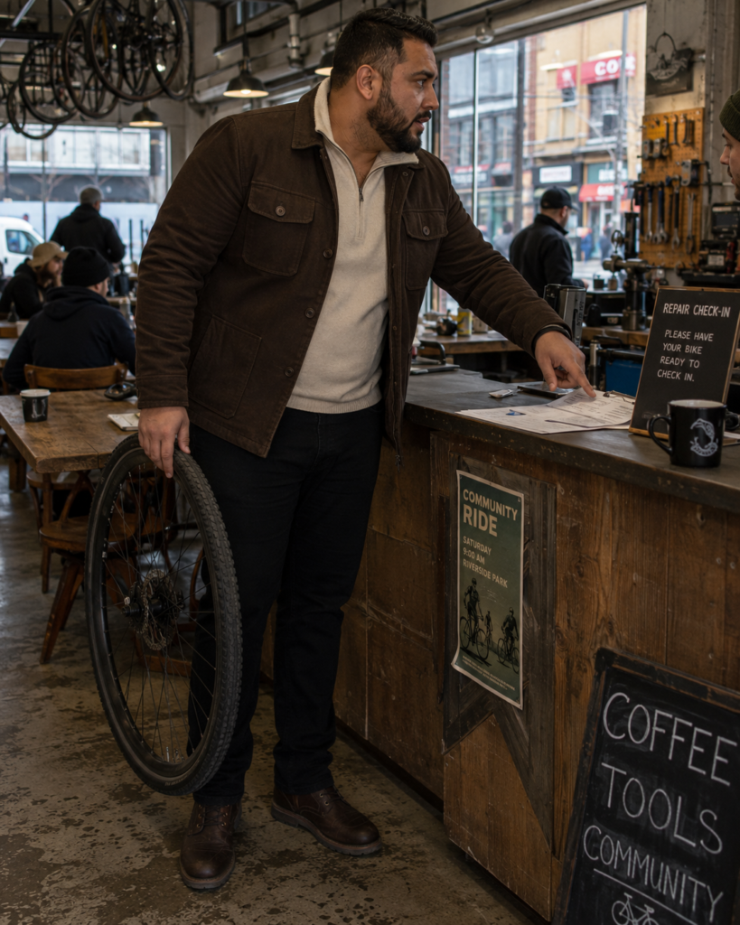 Chocolate Trucker Jacket Over a Cream Half-Zip