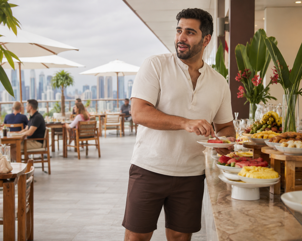Cream Henley With Chocolate Straight-Leg Shorts plus size men vacation outfits