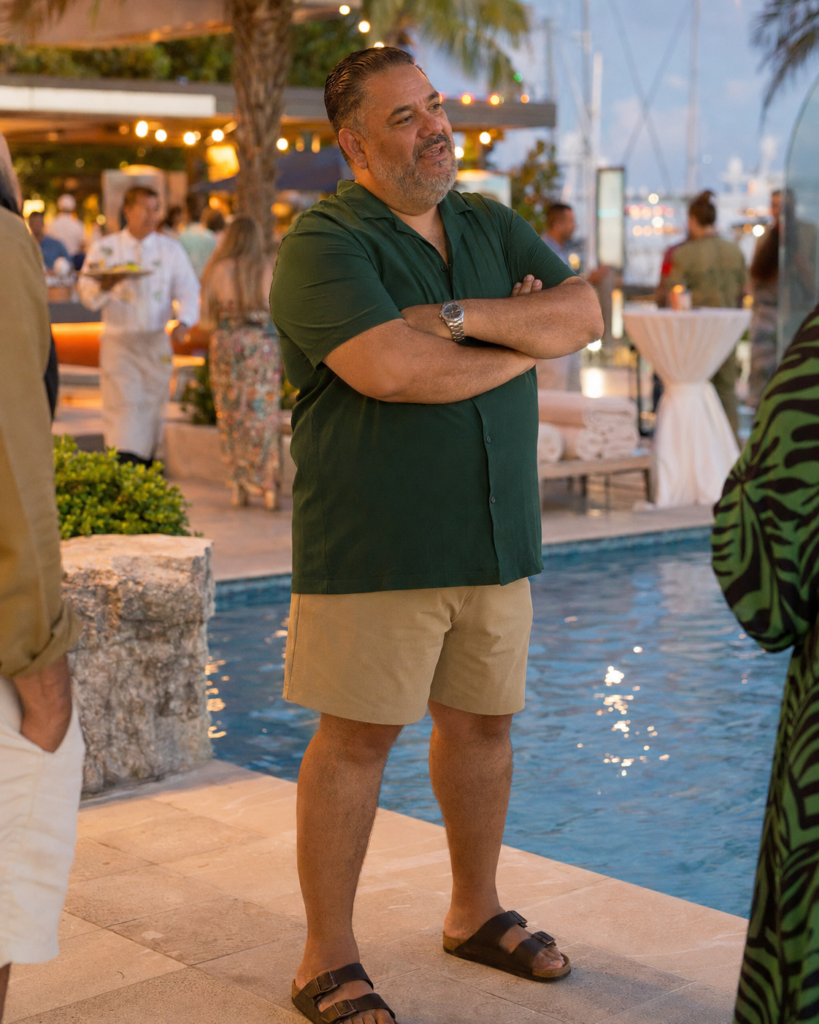 Deep Green Resort Shirt With Tan Swim Shorts