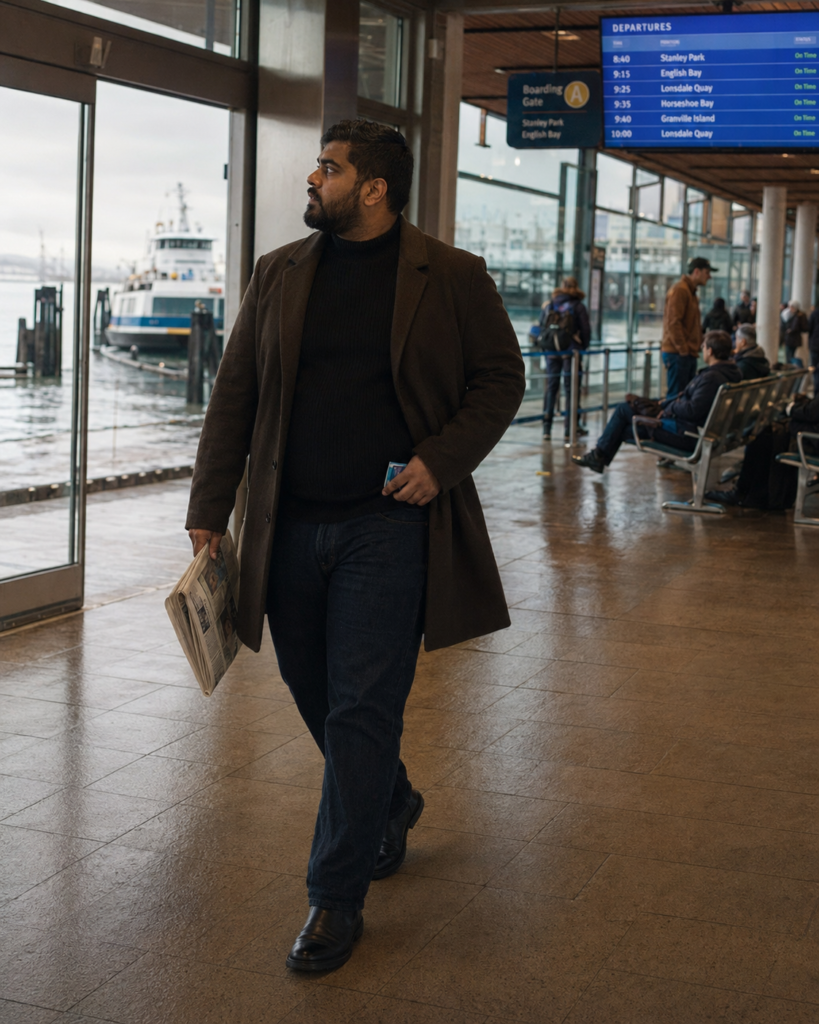 Espresso Car Coat With a Ribbed Mock-Neck Knit
