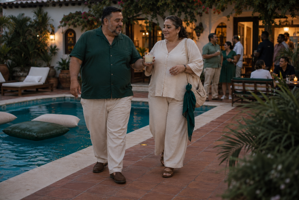 Forest Green Resort Shirt With Cream Drawstring Trousers and a Cream Two-Piece Set