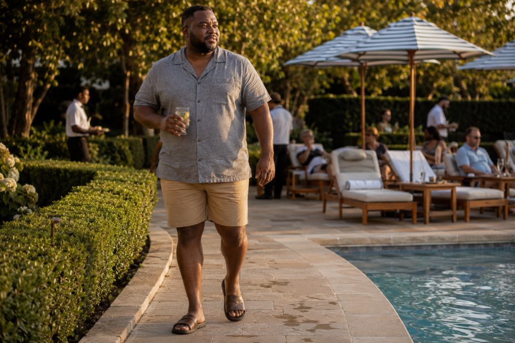 Grey Camp-Collar Shirt With Tan Swim Shorts