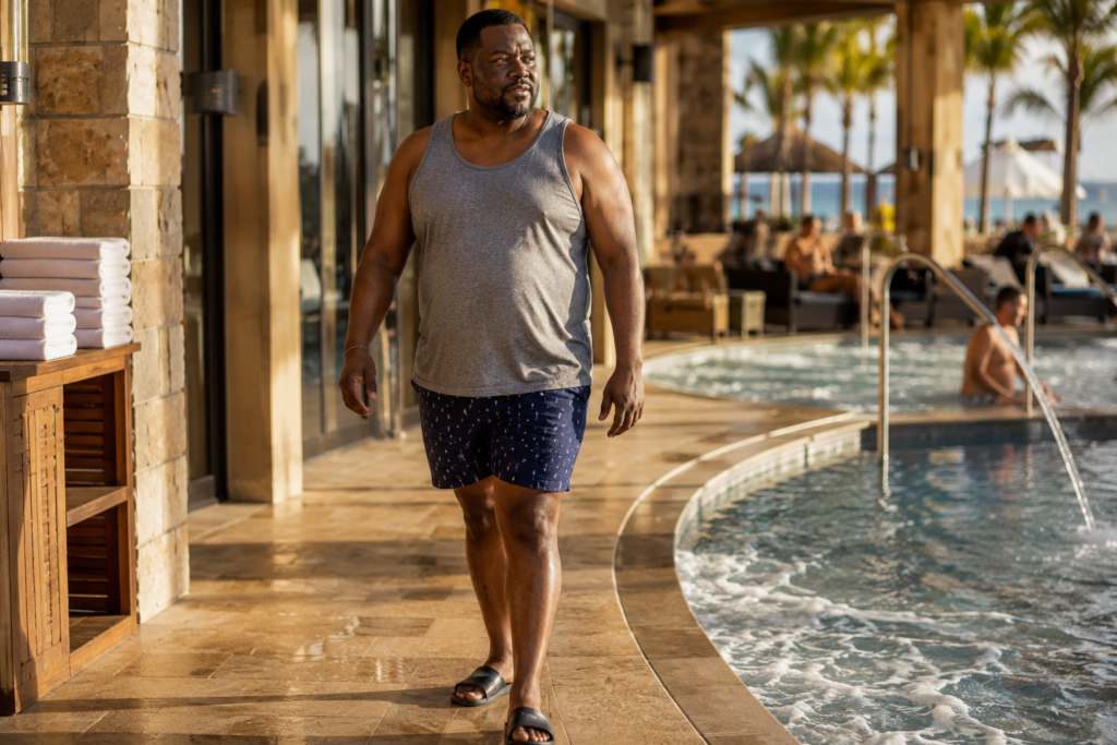 Grey Tank With Navy Patterned Swim Shorts