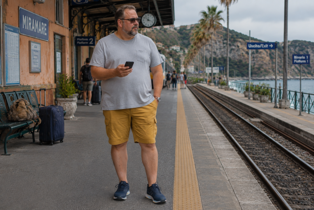 Heather Grey Pocket Tee With Mustard Utility Shorts
