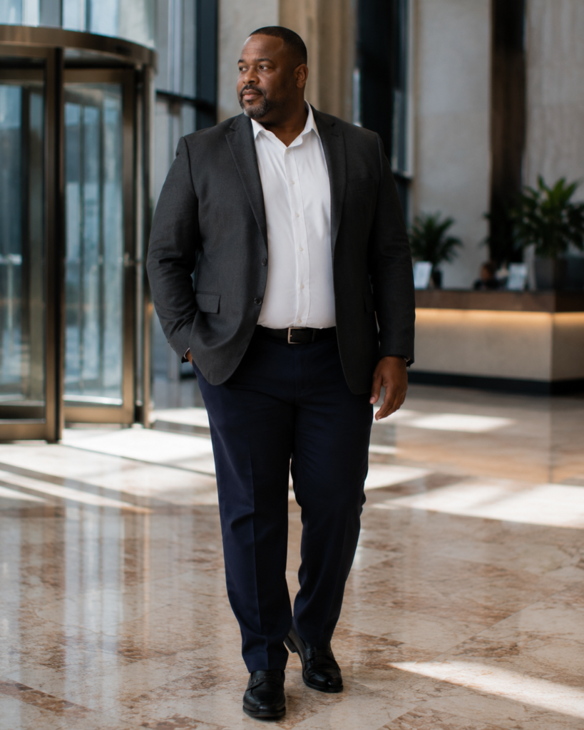 Navy Slim Suit Trousers With a Fitted White Poplin Shirt and a Charcoal Unstructured Blazer