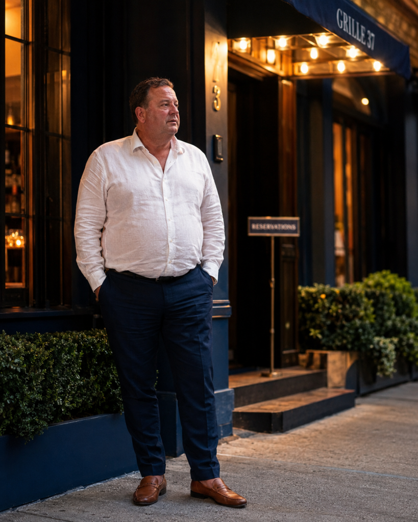 Navy Slim Trousers With a Fitted White Linen Shirt and Brown Leather Loafers