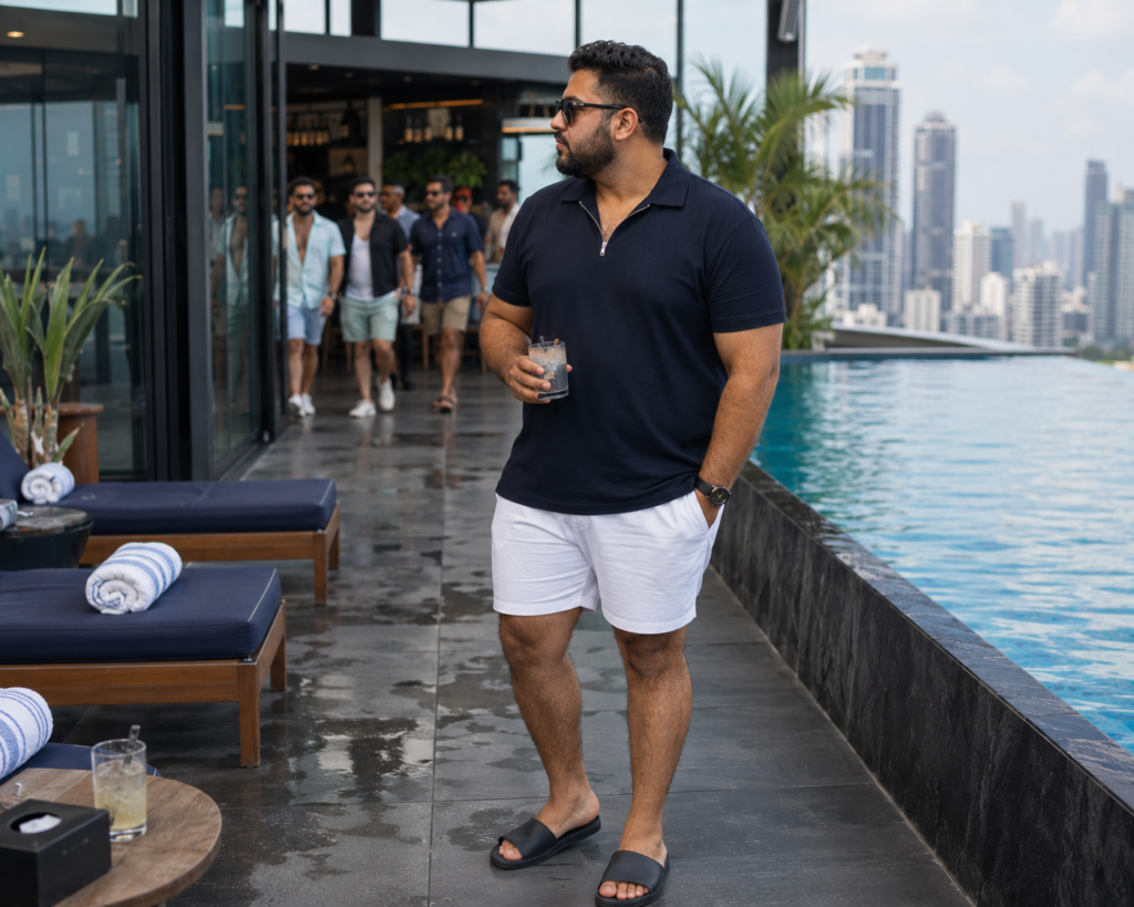 Navy Zip-Neck Polo With White Swim Shorts plus size men pool party outfits