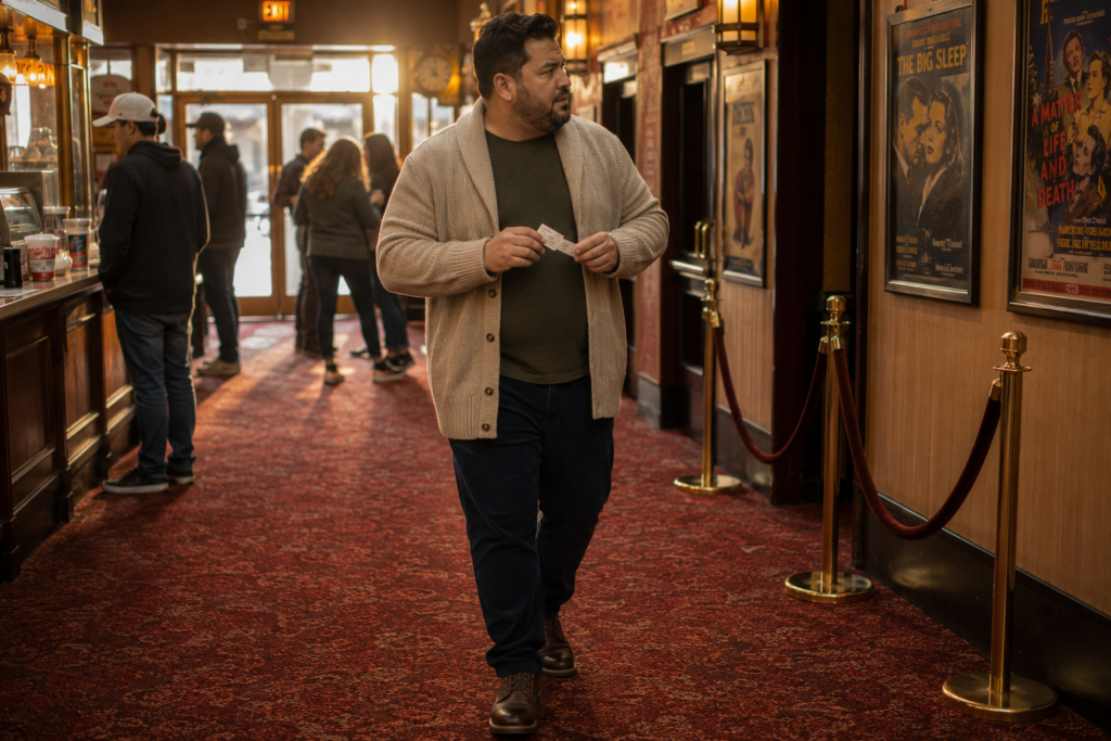 Oatmeal Shawl Cardigan With Navy Corduroy Trousers