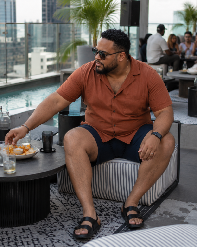 Rust Button-Up Shirt With Navy Swim Trunks