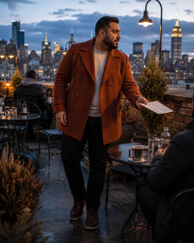 Rust Peacoat With a Cream Crewneck Sweater