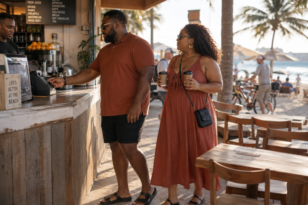 Rust Polo With a Terracotta Sundress and Black Sandals