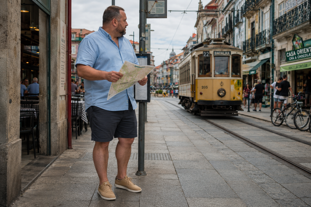 Sky Blue Short-Sleeve Button-Up With Charcoal Walking Shorts