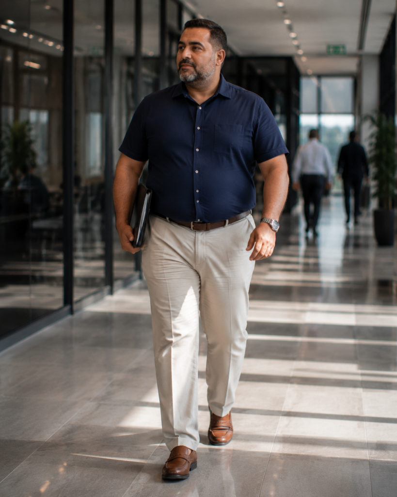 Stone Linen Trousers With a Fitted Navy Short-Sleeve Shirt and Brown Leather Loafers