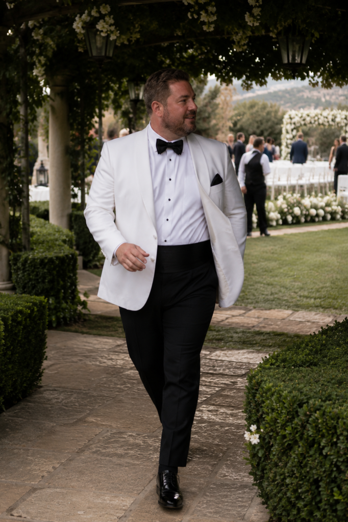White Dinner Jacket With Black High-Rise Trousers plus size men tuxedo wedding