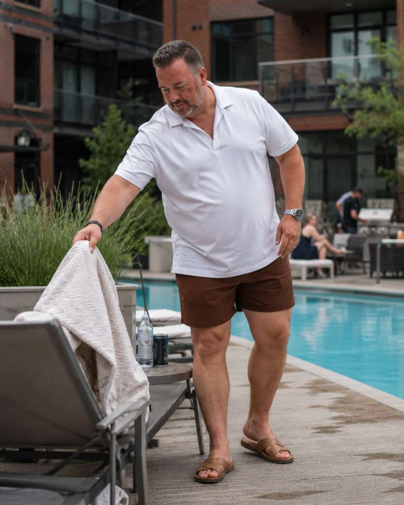 White Open-Collar Polo With Brown Swim Trunks