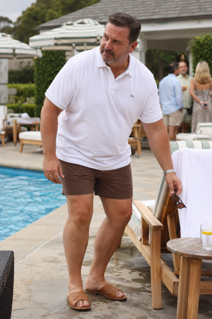 White Polo With Brown Swim Shorts plus size men pool party outfits