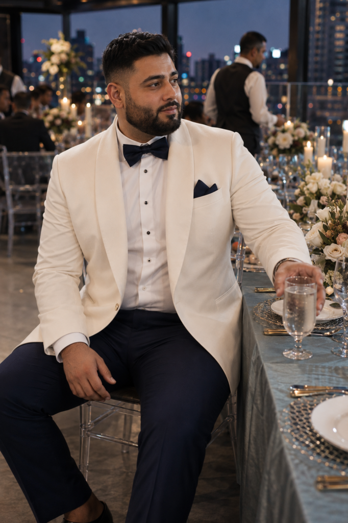 White Shawl-Collar Dinner Jacket With Navy Trousers